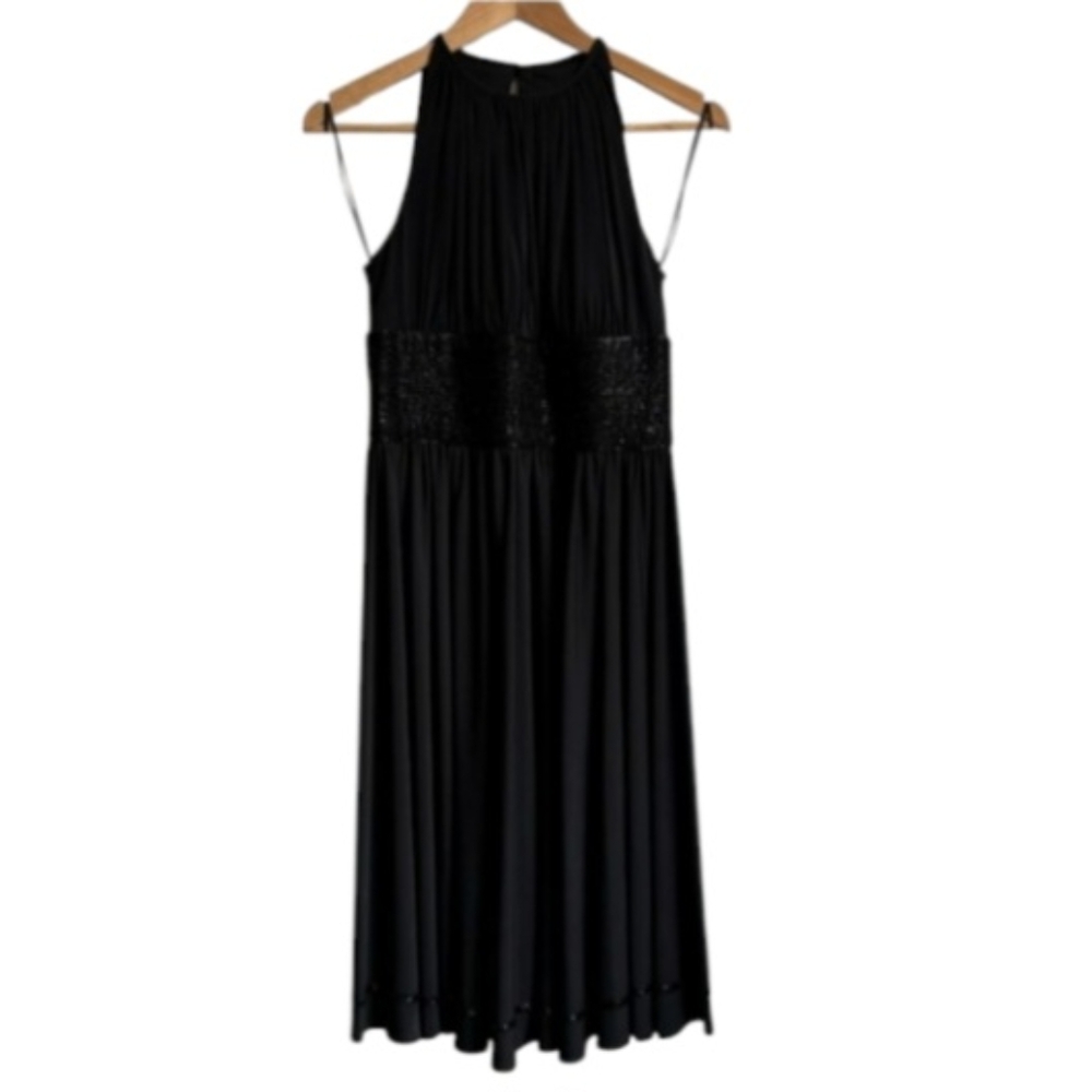 JS BOUTIQUE Black Midi Formal Cocktail Dress with Embellished Empire Waist SZ 8